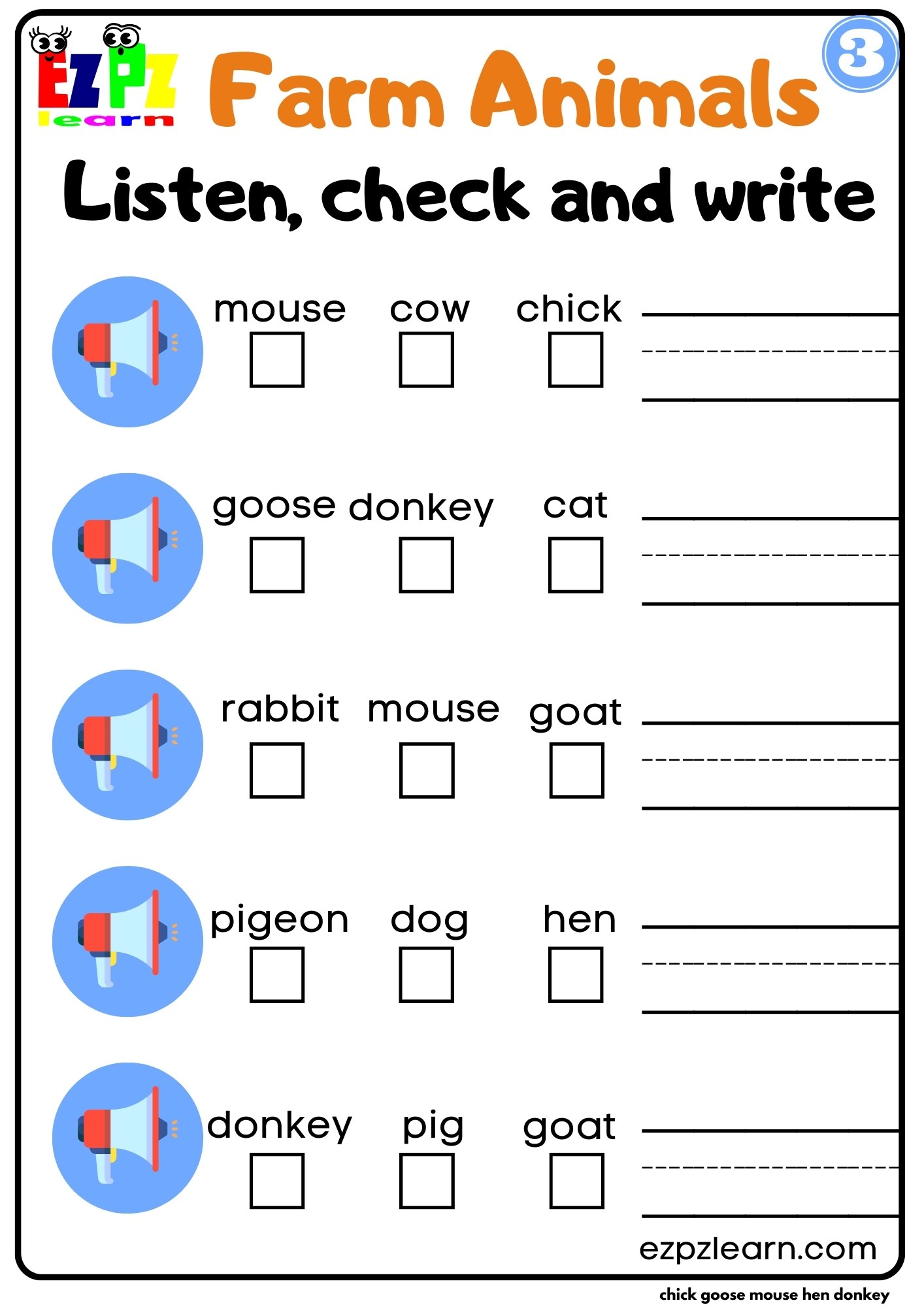 Interactive Worksheet for Farm Animals Listen Check and Write Activity